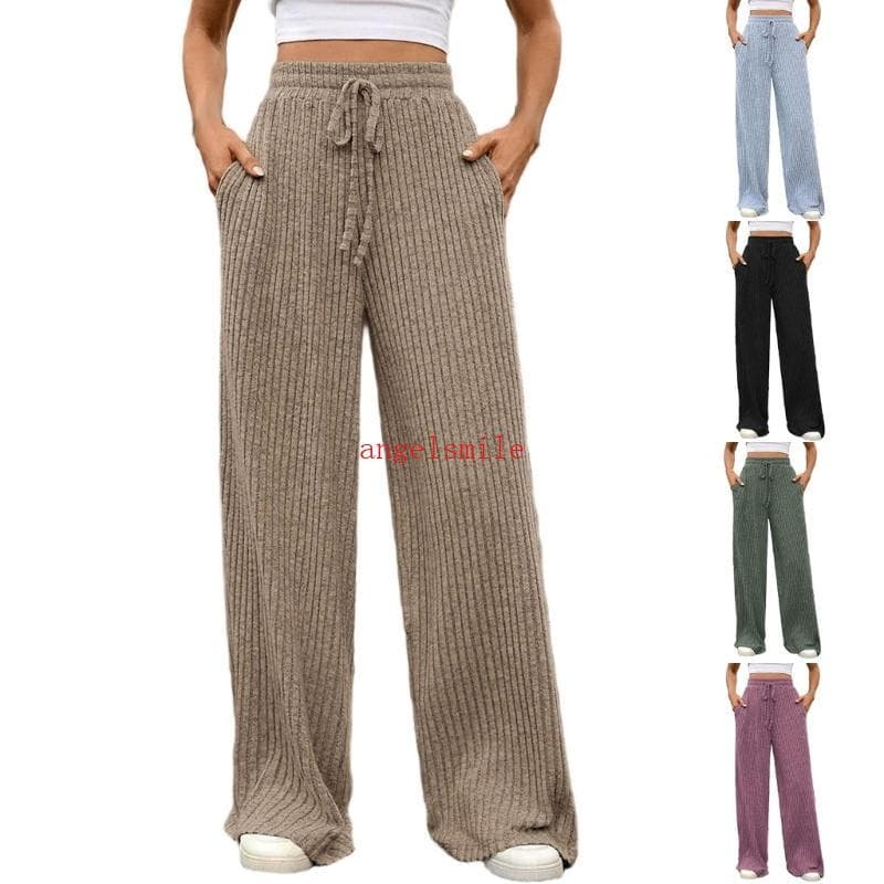 Calça De Moletom Feminina Ace Texturizada De Malha Canelada , Perna Larga , Solta , Com Bolsos , Cordão , Inverno , Outo