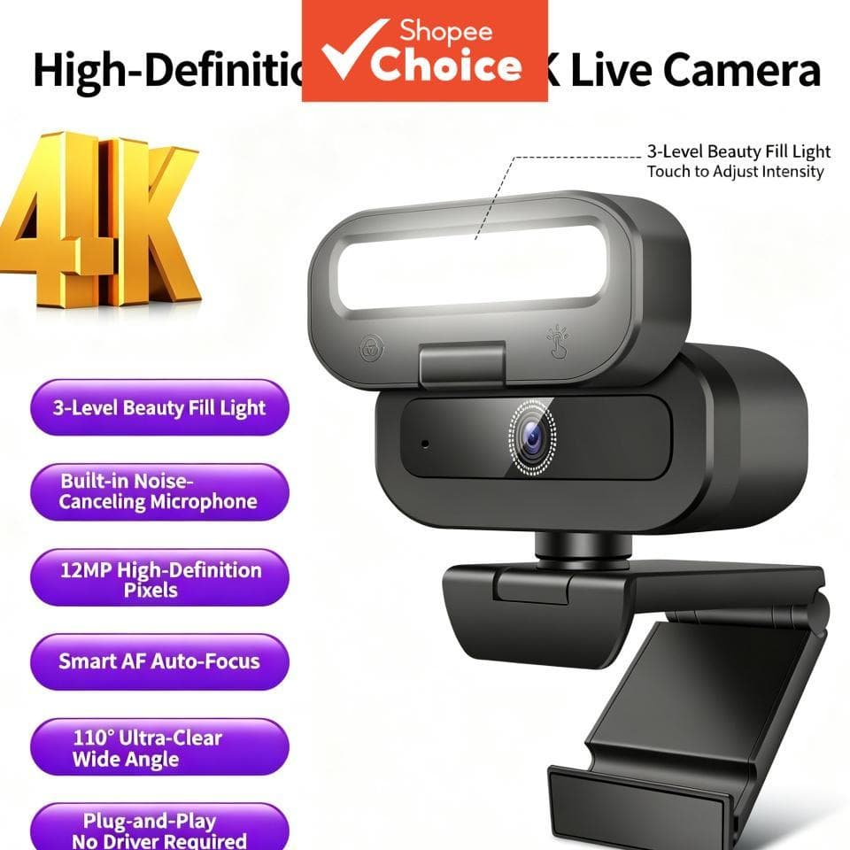 Câmera Web 4K Ultra HD de 12MP com luz de preenchimento integrada, brilho ajustável em 3 níveis, autofoco e microfone