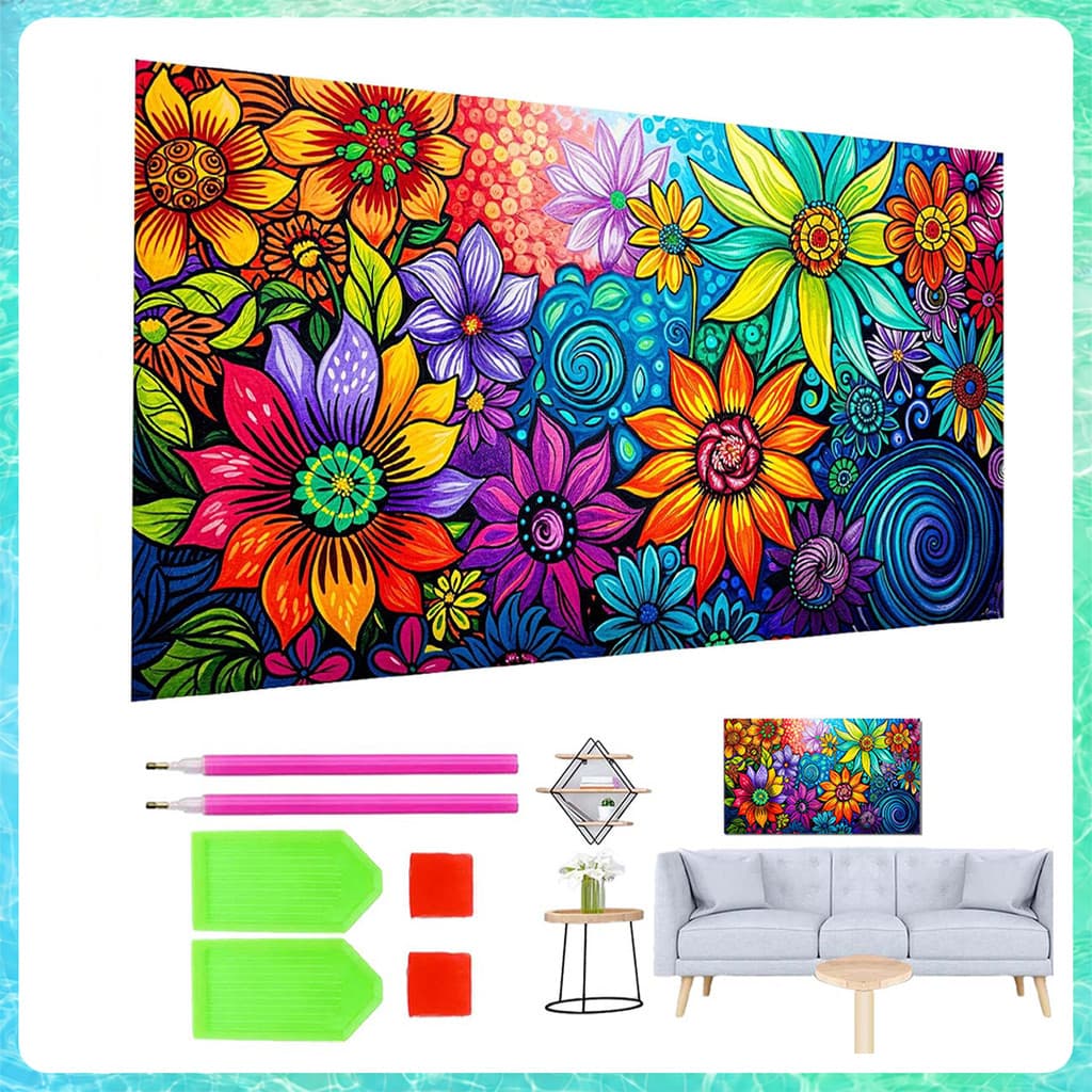 Pintura de Diamante 5D Quadrada 70x40cm flores coloridas – kit anti-stress, terapia artística, decoração de casa