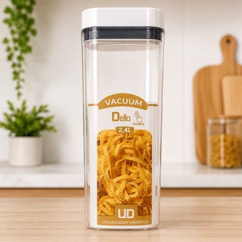 Pote hermético retangular 2,4L Vacuum Pumps DELLO transparente tampa branca 1 unidade