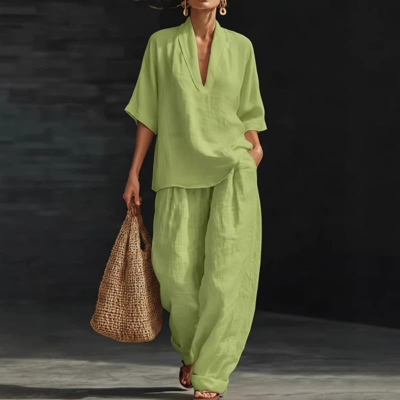 Pronto estoque Terno feminino solto Casual simples cor sólida terno feminino de duas peças