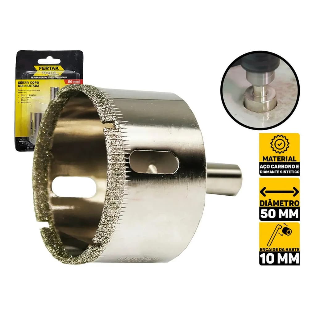 Serra Copo Diamantada 50mm Fertak Vidro Cerâmica Refrigerada