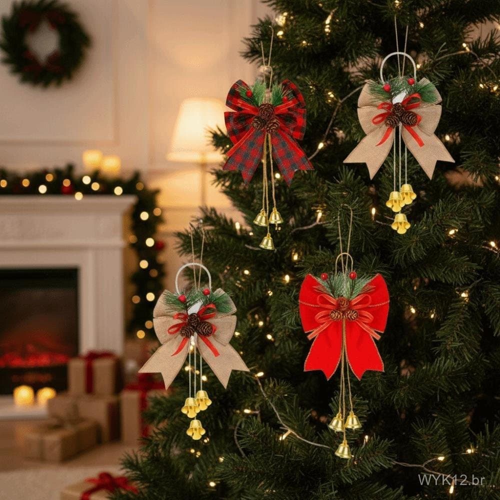 6 peças/conjunto de enfeites de Natal para pendurar, com design criativo de padrão xadrez, pinhas, sinos e laços, para u