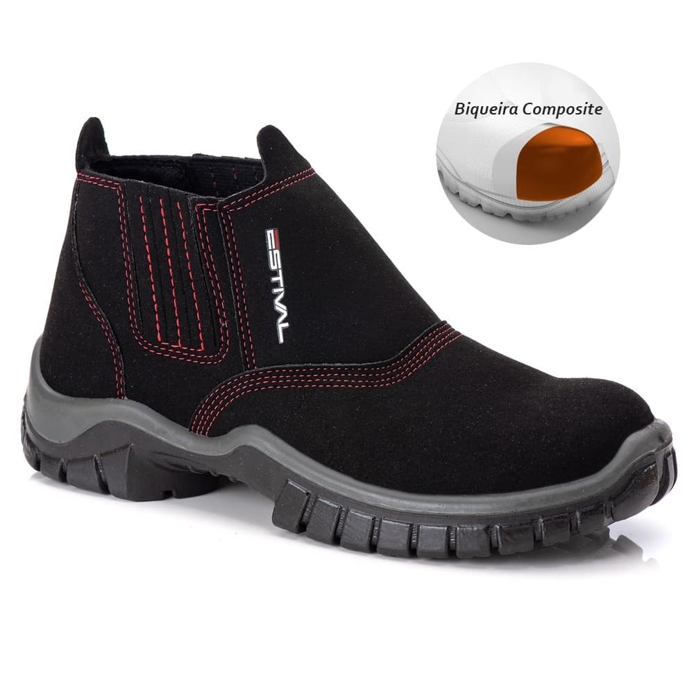 Botina de Segurança em Microfibra Preto e Vermelho Estival - Brinde Palmilha PU - Composite CA 32293
