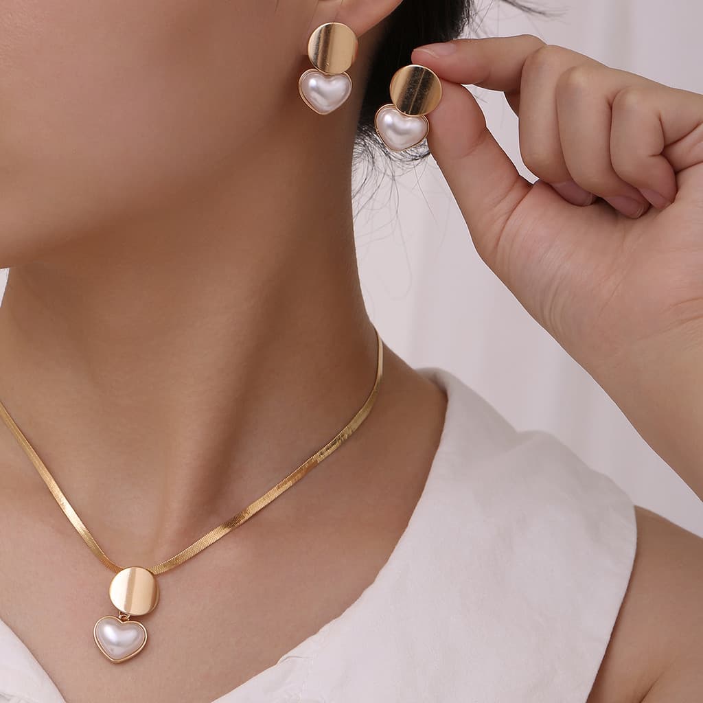 Conjunto De Joias De Brinco De Colar Geométrico De Coração Elegante Para Mulheres