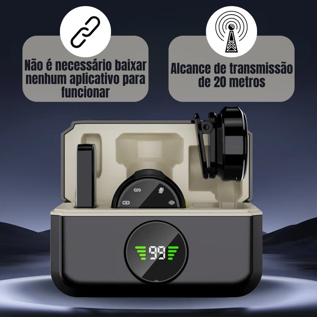 Microfone Lapela Redondo Imã Sem Fio Tipo C Preto Anti Ruído Duplo Mymotors Para Android E IOS