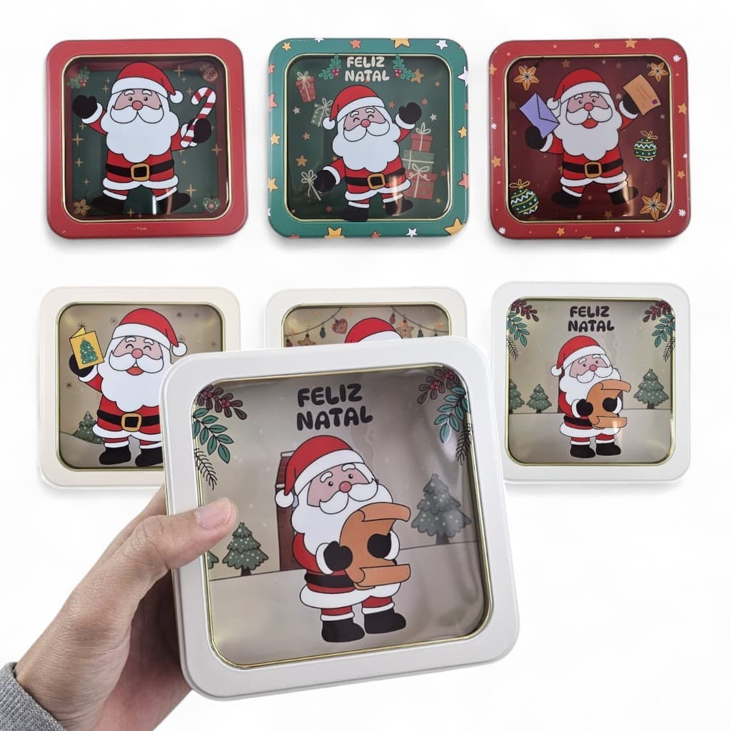 Kit 6 Latas Natalina C/Visor Metal Porta Doces Lembrancinha