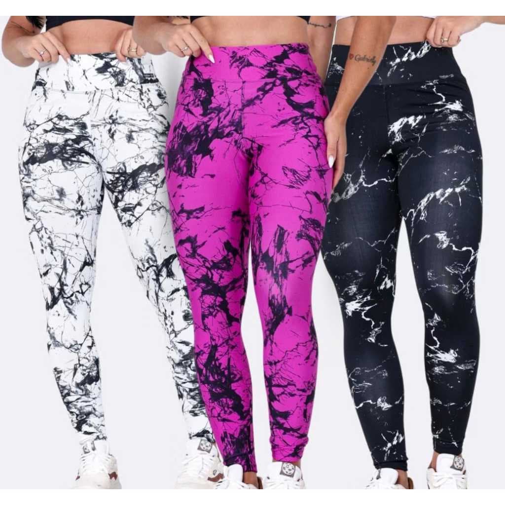 Kit 03 Calça Legging Marmorizada Tie Dye Cintura Alta