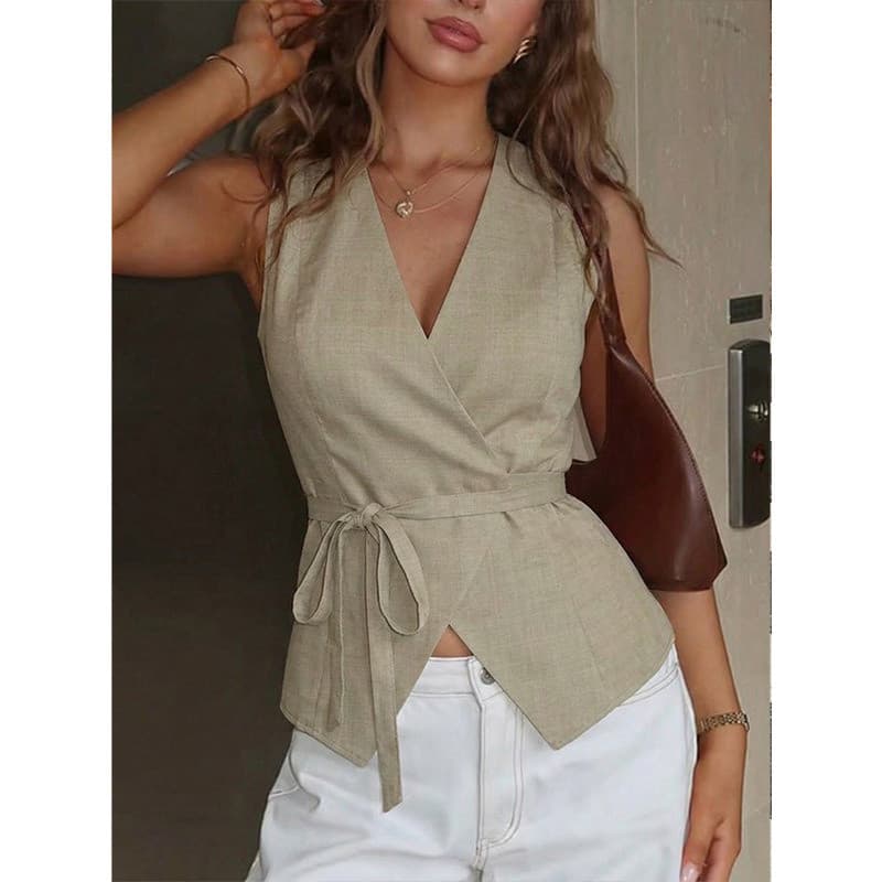 Moda Feminina Colete Senhoras Blusa Topos Com Decote Em V Cintura Rendas Camisa Feminino