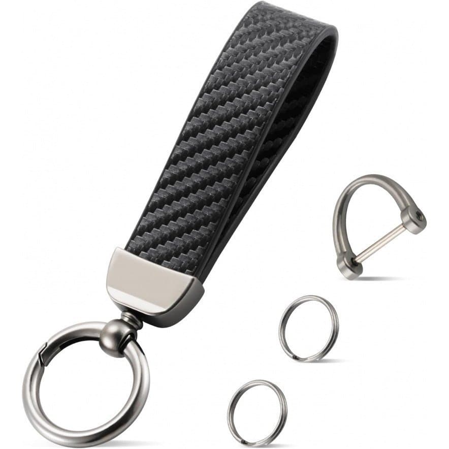 Chaveiro de Couro para Carro Estilo Fibra de Carbono com Alça de Pulso em D e 2 Anéis para Chaves