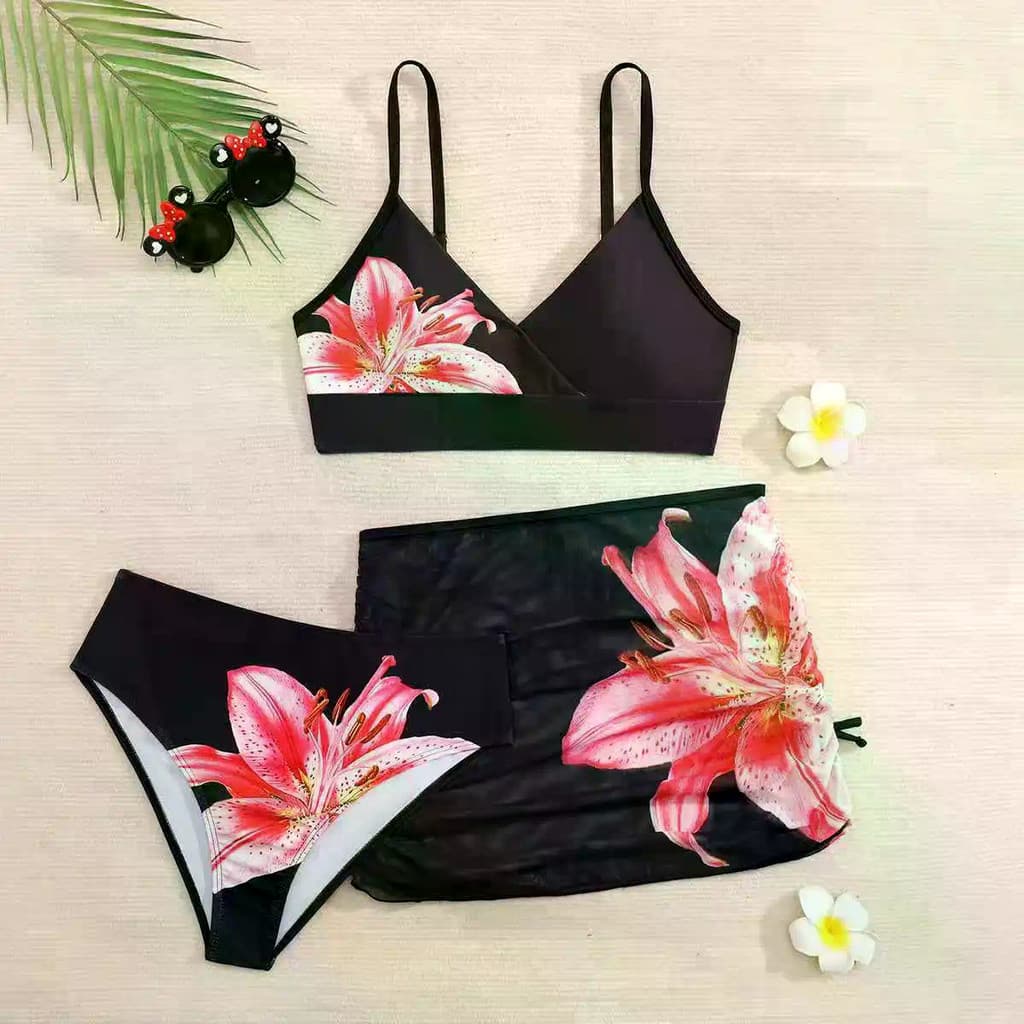 Meninas 3 Pacote Floral Impressão Cintura Alta Biquíni Saia De Praia Crianças Maiô 13-16 Anos Roupa De Banho Adolescente