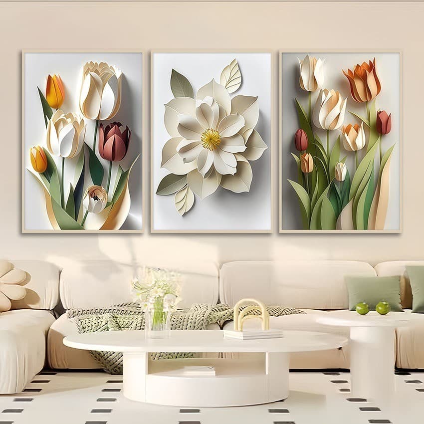 Kit 3Quadro Decorativo 3 Peças Tridimensional Flor Moldura 40x60 Cm Moderno Sala Grande Quarto Decoracao Parede Arte