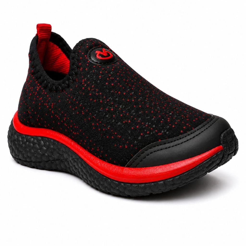 Tênis Infantil Masculino Slip On Sem Cadarço Knit Preto Vermelho Calce Fácil Menino Nº 25 ao 36