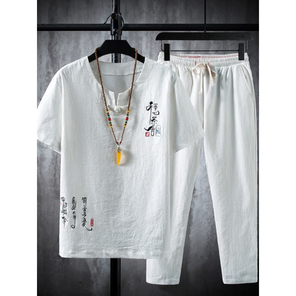 Terno de linho de manga curta masculino verão na moda estilo étnico impresso Tang terno camiseta estilo chinês algodão l