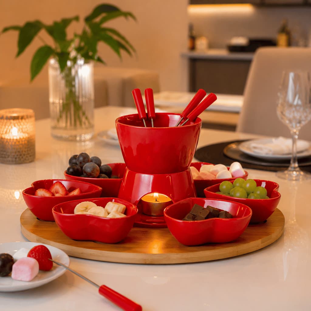 Aparelho de Fondue Chocolate Em Cerâmica Com de Base Bambu 14 peças - Fracalanza