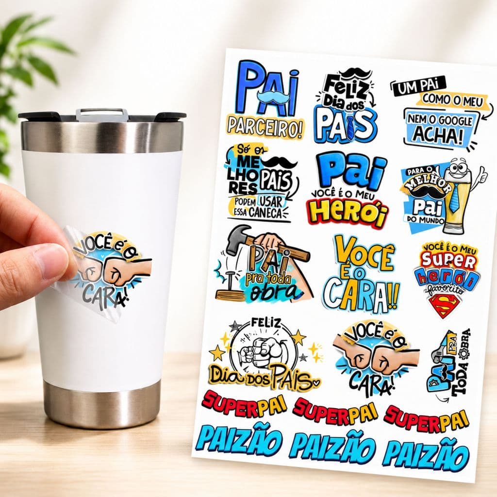 Cartela Adesivo DTF UV A4 - DIA DOS PAIS 10 - Para Personalizados, Lembrancinhas, Canecas, Copos, Garrafas e Presentes