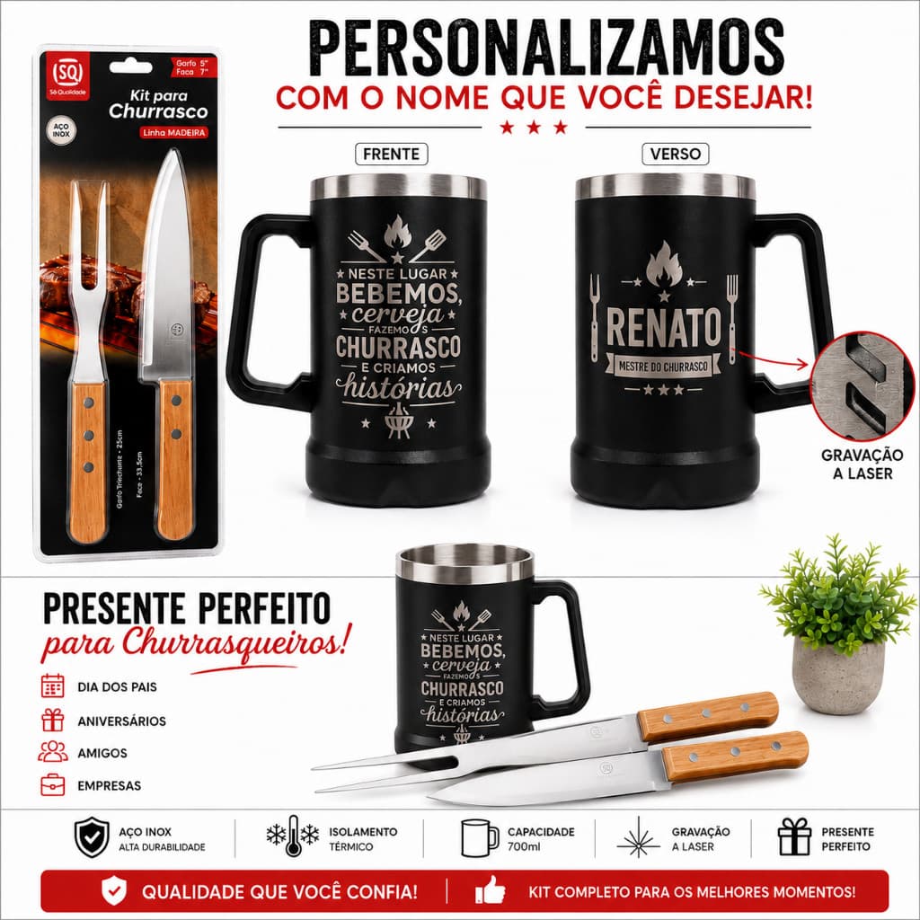 Kit Churrasco Personalizado | Caneca Térmica + Faca e Garfo Inox | Presente Masculino Exclusivo