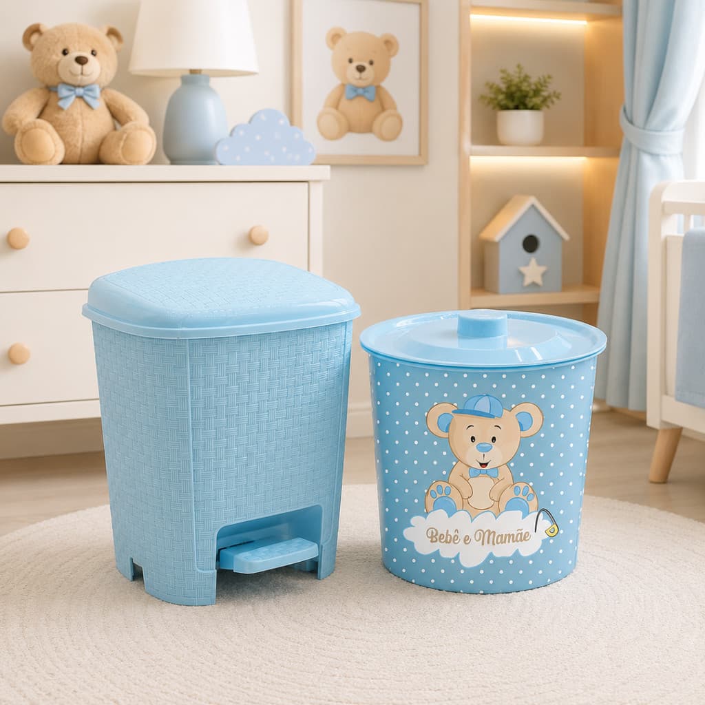 Kit Lixeiras Infantil Azul Bebê Rattan 6L + Redonda 3L