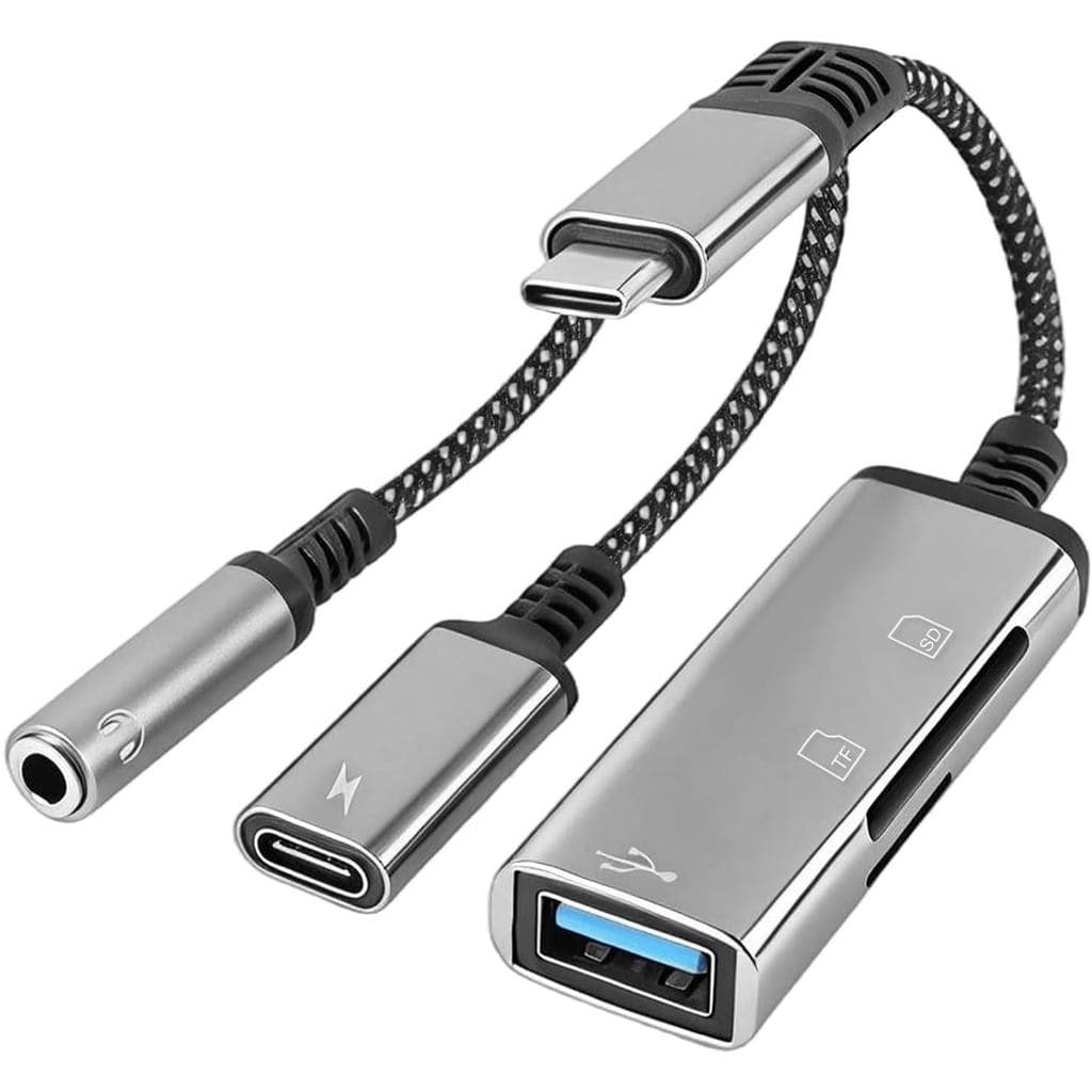 Cabo de áudio com leitor de cartão multifuncional cinco em um, porta de carregamento Type-C para Type-C/3.5mm AUX/SD/TF/