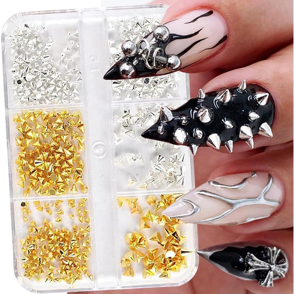 Mini Rebites Metálicos Estilo Punk para Unhas, Dourados e Prateados, Tachas Cónicas para Nail Art, Tachas de Liga Metáli
