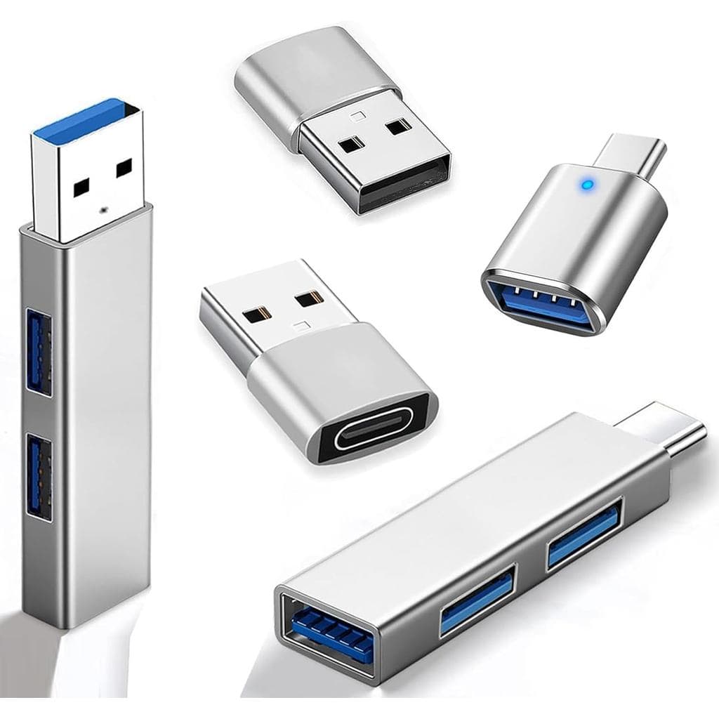 Pacote com 5 Adaptadores USB e Hub Divisor Expansor OTG (Adaptador USBC para U-SB, Adaptador USBA para USB-C, Hub USB 3.