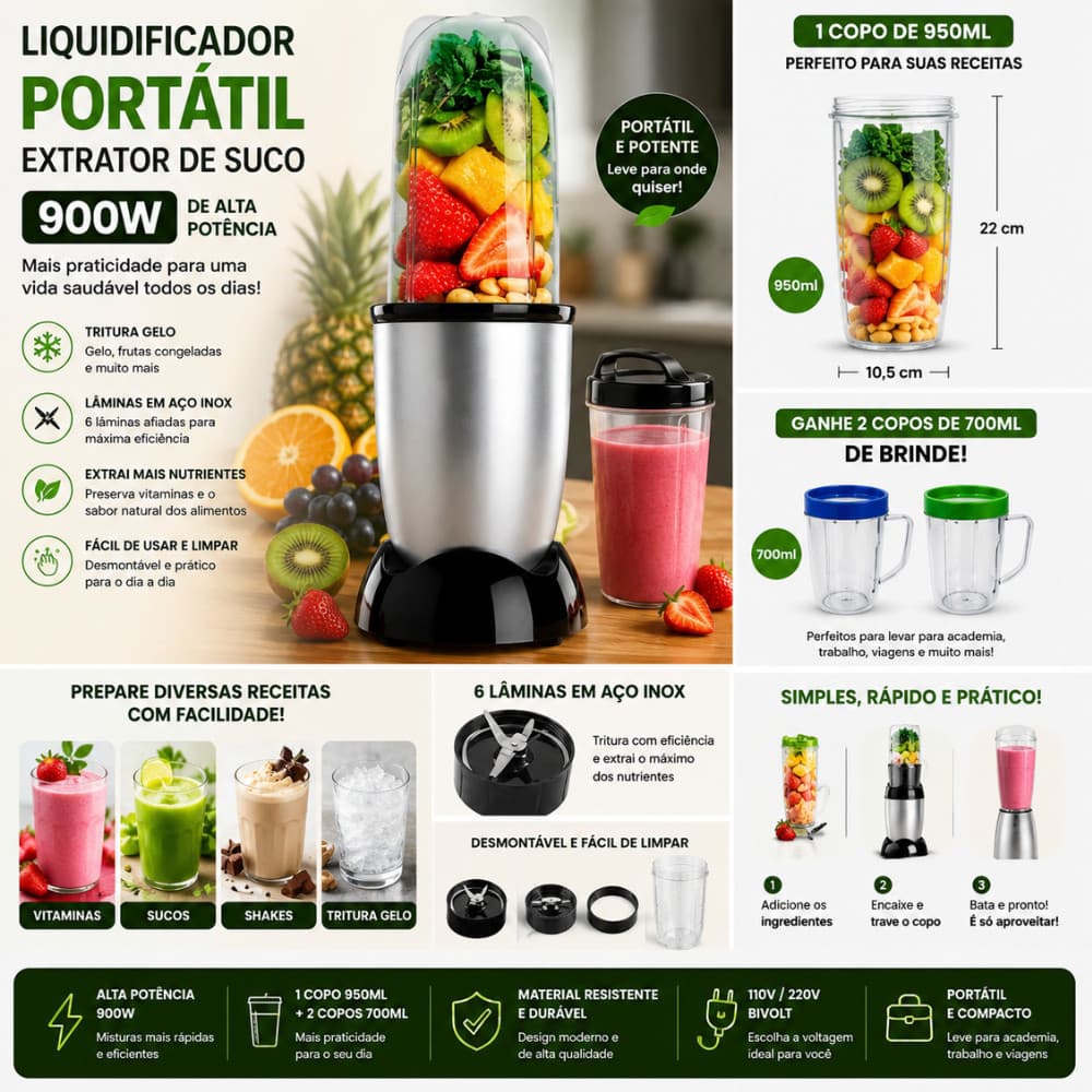 Liquidificador Portátil 900W Extrator de Sucos 950ml + 2 Copos 700ml Tritura Gelo 6 Lâminas Inox 110V/220V