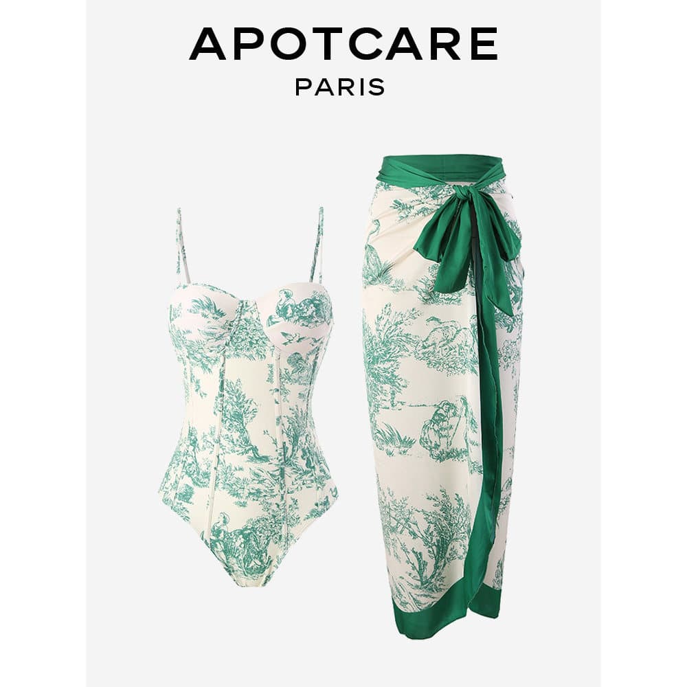 Francês APOTCARE One-Piece Skinny Slimmer Look Retro Floral Laced-Up Protetor Solar Saia Longa Terno de Duas Peças 2025