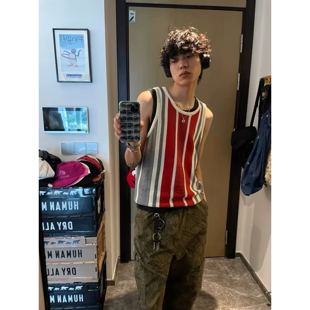 American Street Wear Colete externo listrado com bloqueio de cores Homens Mulheres Verão Preguiçoso Solto Retro Nicho Ca