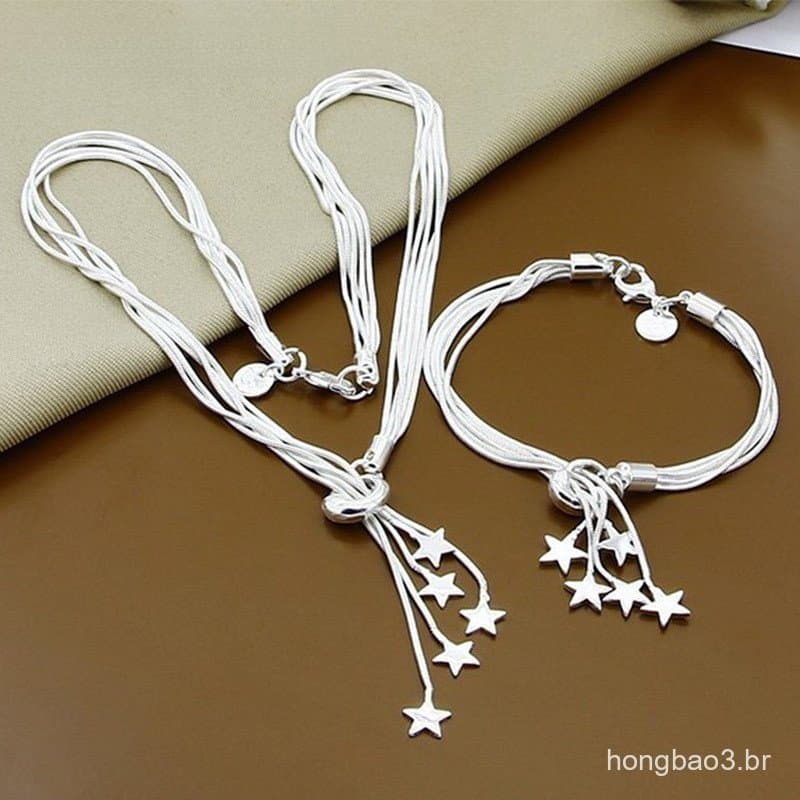 Colar de Estrela em Prata 925, Correntes, Pulseiras, Conjuntos para Mulheres, Joias de Moda para Casamento