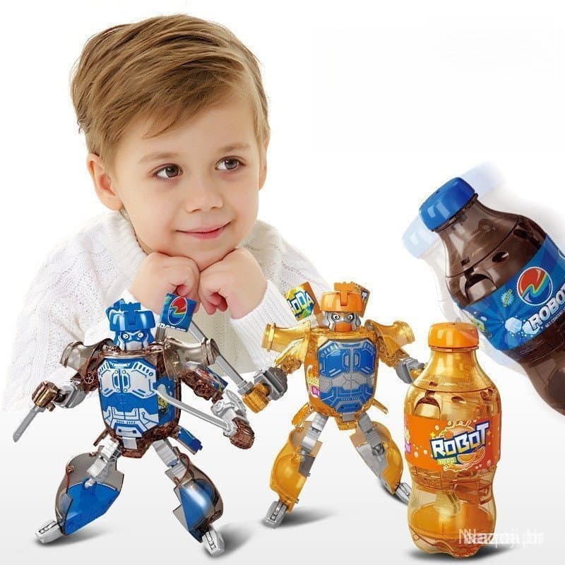 Brinquedo Robô Transformável Garrafa Refrigerante - Azul e Laranja - Presente de Páscoa para Crianças