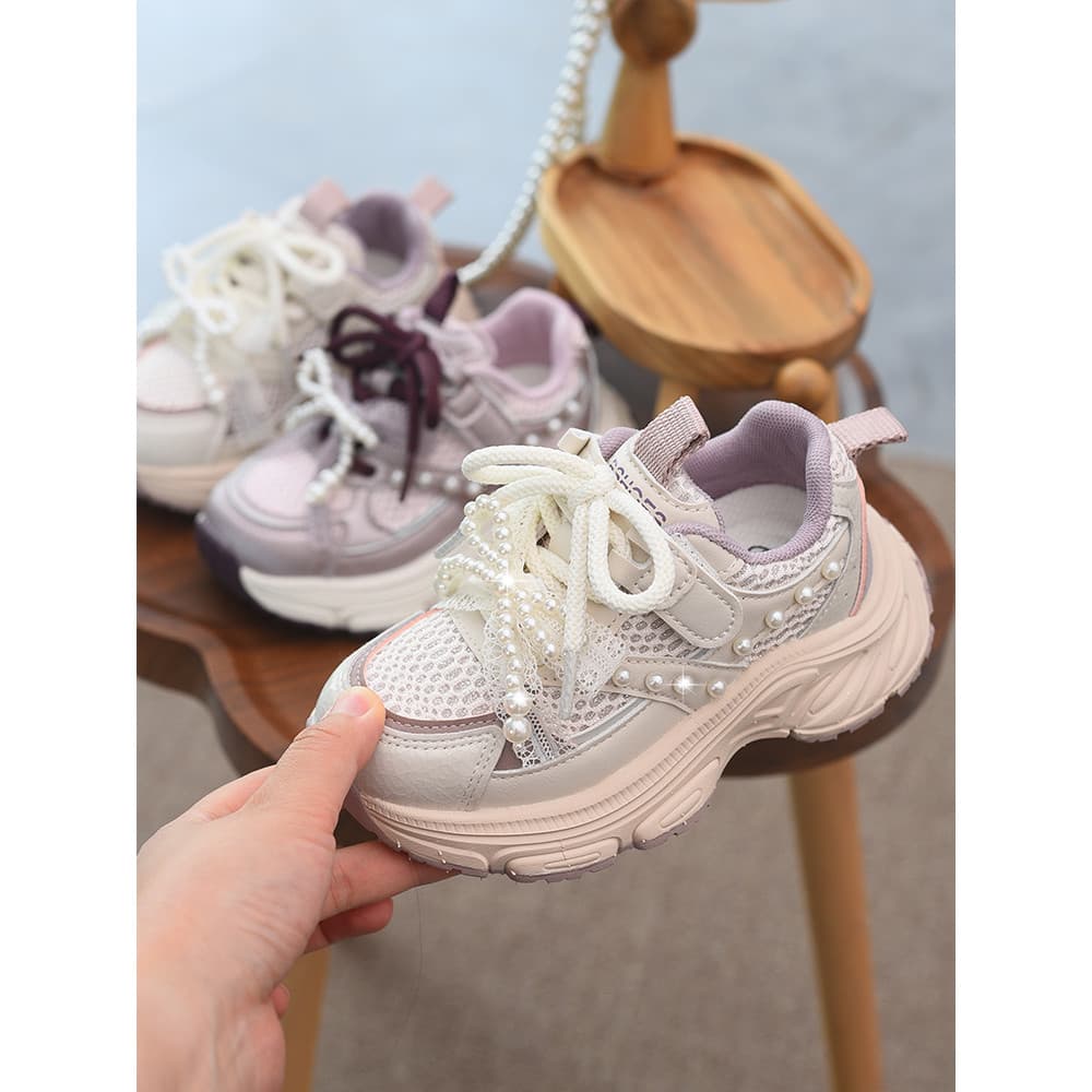 Meninas sapatos esportivos crianças malha respirável sapatos meninas arco pérola sapatos infantis de sola macia 2026 pri