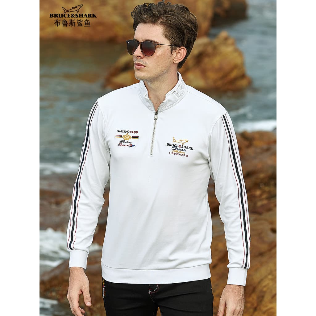 Outono inverno camisa Polo masculina Street Wear manga comprida camiseta Bruce tubarão masculino grosso gola alta solta