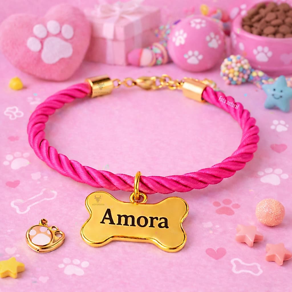 Coleira com Osso Dourado Personalizado com Nome Cachorro ou Gato B4