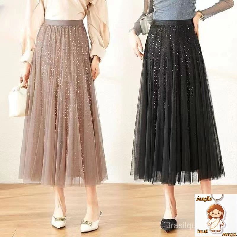 Moda Saia Midi de Verão com Lantejoulas, Comprimento Médio, Cintura Elástica 4QID