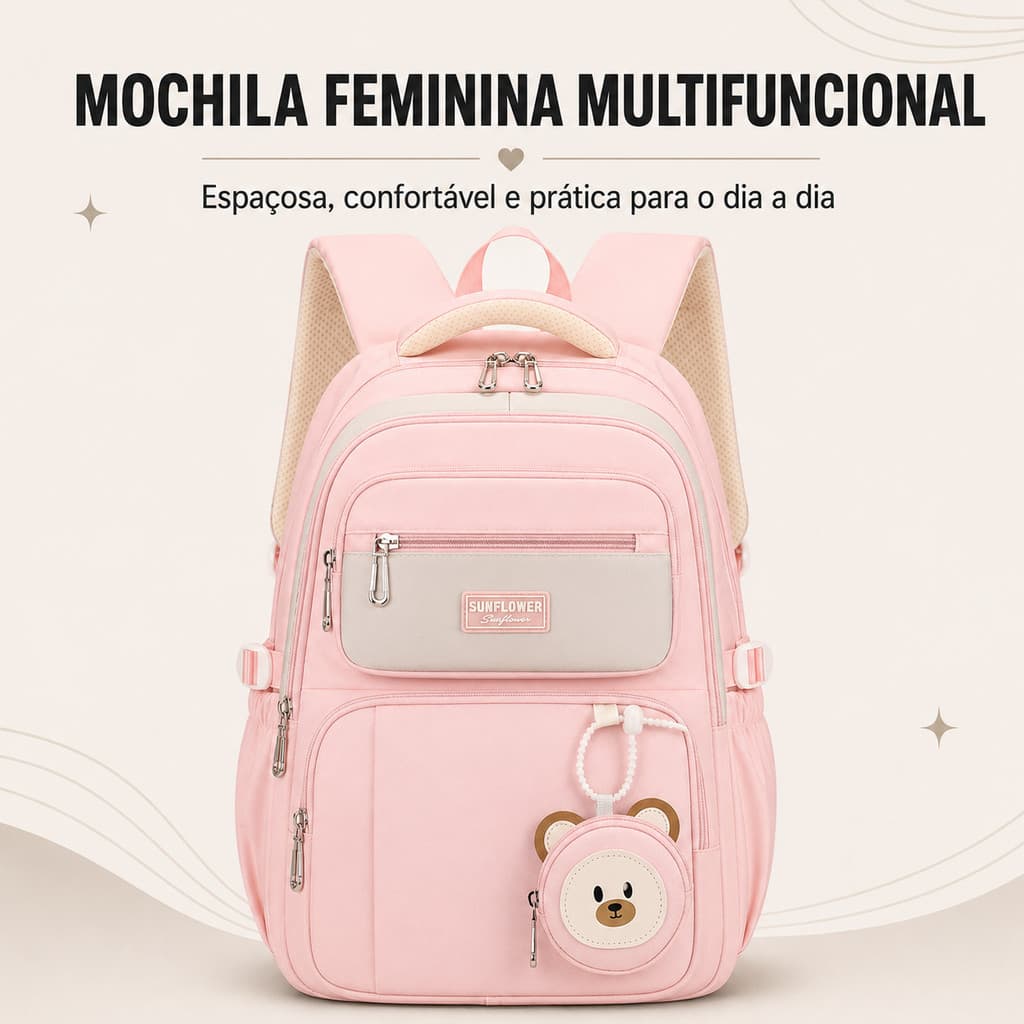 Mochila Feminina Escolar Grande Capacidade Notebook 15.6 Resistente Água Multicamadas Pingente Urso Fofo