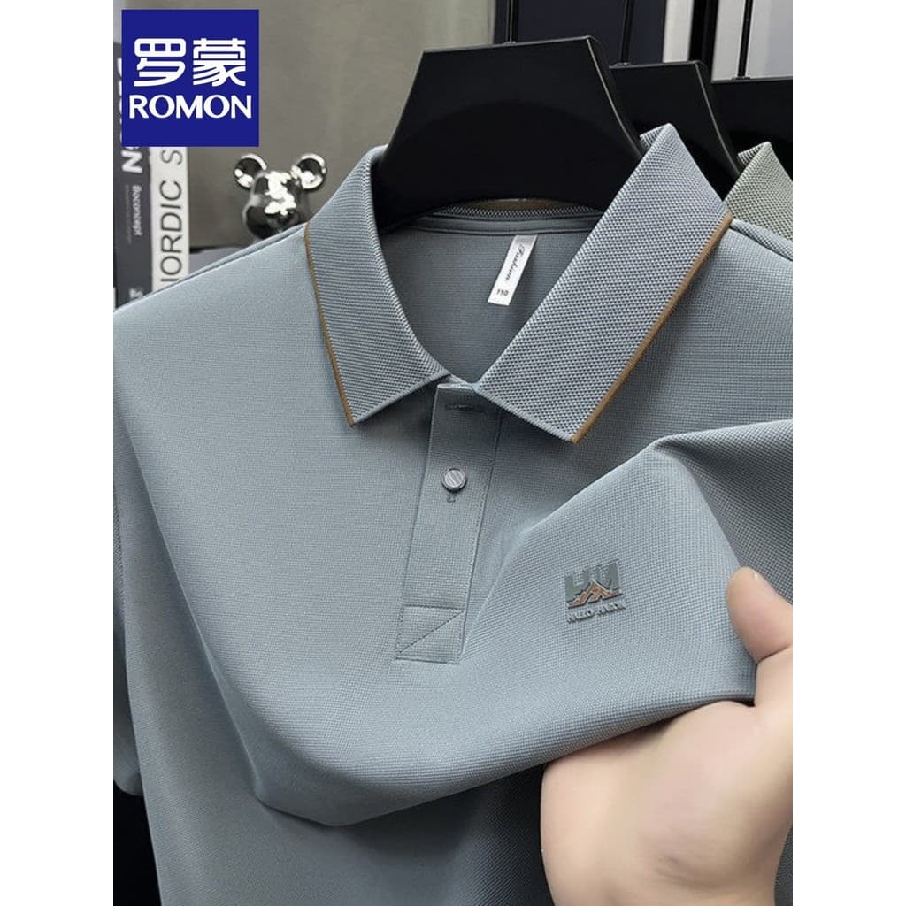 Lomon camiseta de manga curta masculina verão camisa polo de seda gelo pai de meia-idade usar lapela topo Casual meia ma