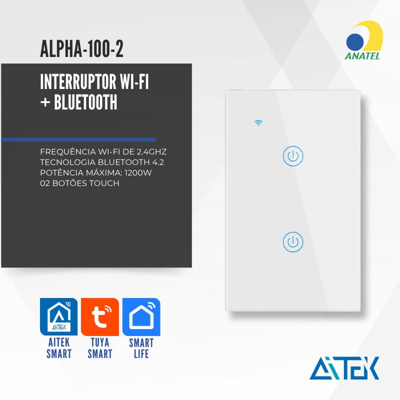 INTERRUPTOR WIFI TOUCH 2 TECLAS BRANCO APP TUYA ALPHA-100-2 AITEK