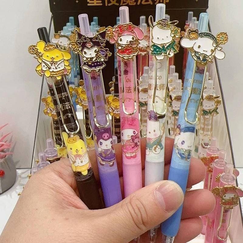 6 unidades / lote Magic Sanrio Cute Metal Pingente Caneta Rollerball Papelaria de desenho animado Mymelody Kuromi Cinnam