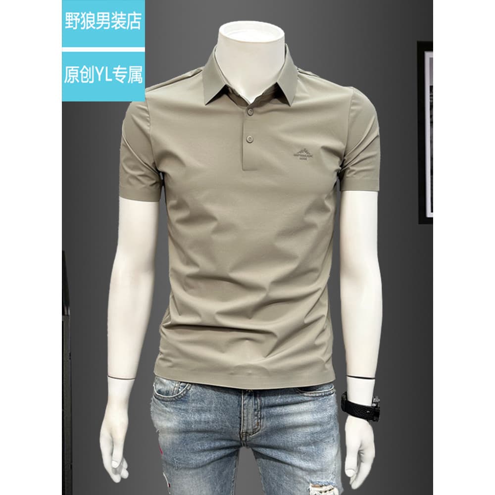 Camisa POLO masculina de seda gelo sem costura de alta qualidade, camiseta de manga curta, roupa de rua de verão, ajuste