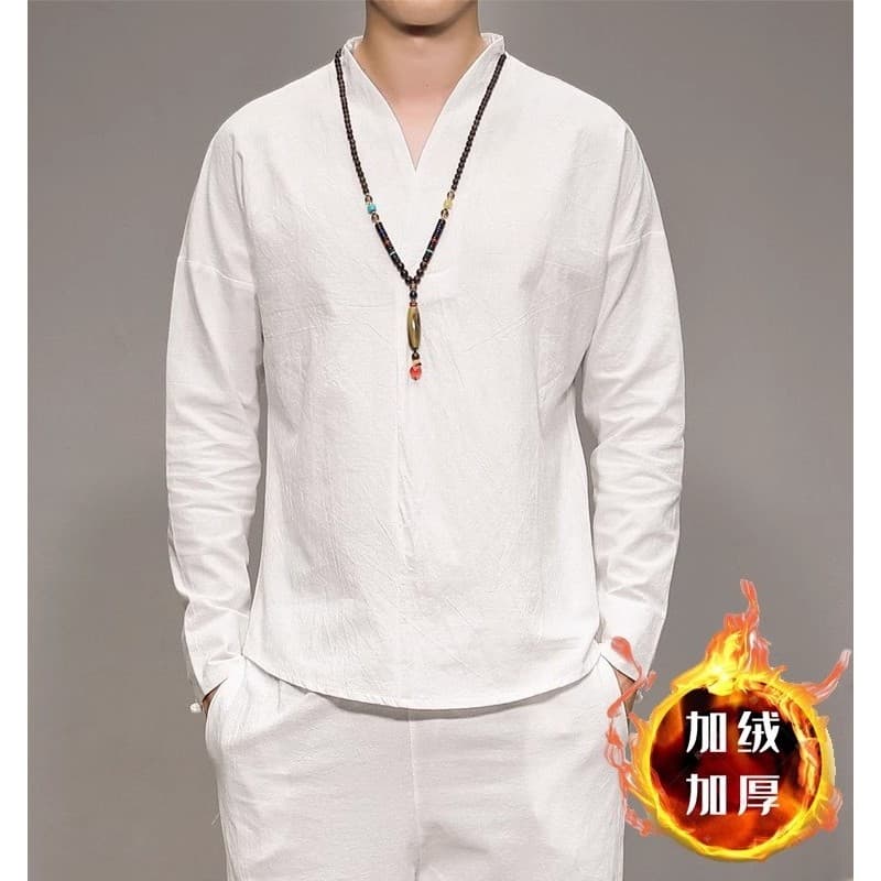 Outono inverno estilo chinês roupas masculinas melhoradas Hanfu forro de lã engrossado algodão linho manga comprida cami