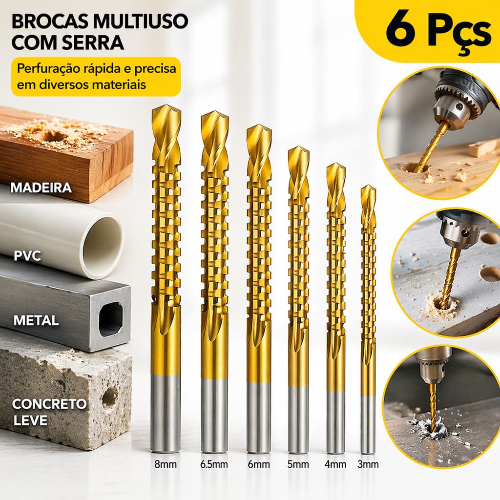 Jogo 6 Brocas Revestidas Titânio Corte Lateral Espiral Hss