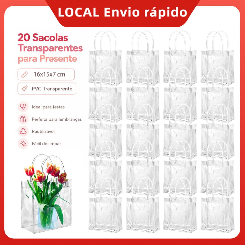Embalagem Transparente de PVC 20 Peças, 16x15x7cm com Alça e Botão para Doces, Brindes e Lembrancinhas