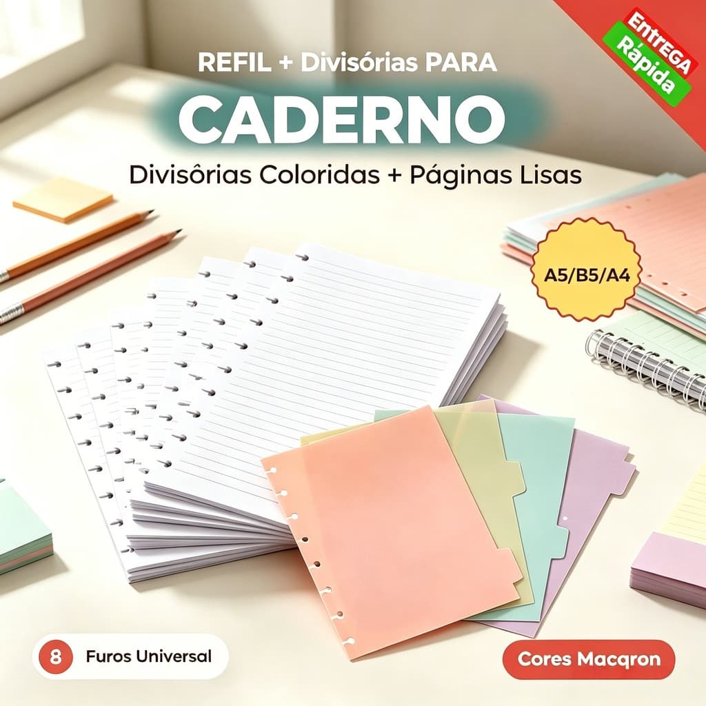 Kit Refil 80 Folha Linhada + Divisórias Universal 8 Furos Compatível Organizador de Anotações Escolar