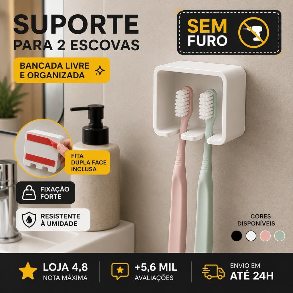 Porta Escova Dente Casal Parede Banheiro Fita 3M Sem Furar Organização