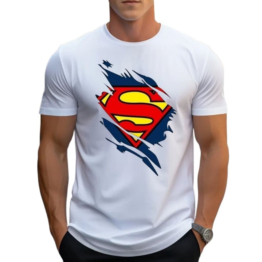 Camiseta T-shirt Lisa Masculina Premium 100% Algodão com Estampa Super Homem Casual