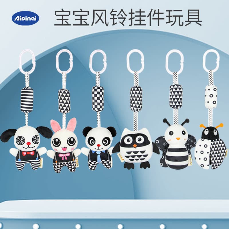 2021 Brinquedo de Berço com Sino e Tema de Animais em Preto e Branco para Recém-Nascidos, Acessório de Estimulação Visua