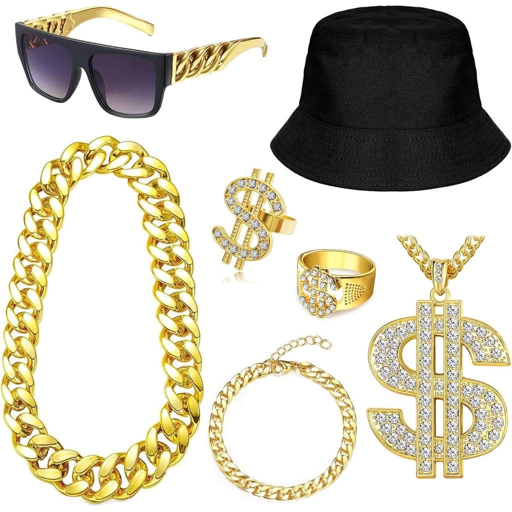 Kit de Fantasia Hip Hop Anos 80 90 para Homens e Mulheres, Acessórios de Rapper Old School, Chapéu, Óculos de Sol, Pulse
