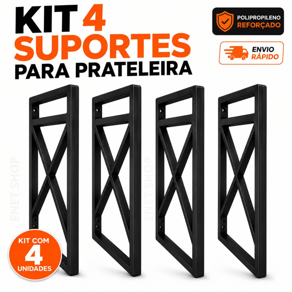 Kit com 4 Suportes Para Prateleira Mão Francesa Preto 20x37cm Decorativo Moderno