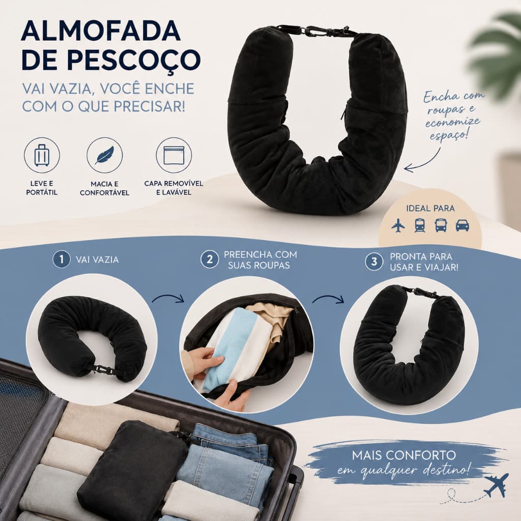 Travesseiro de Viagem U - Almofada de Pescoço Com Enchimento De Roupas Portátil para Viagem