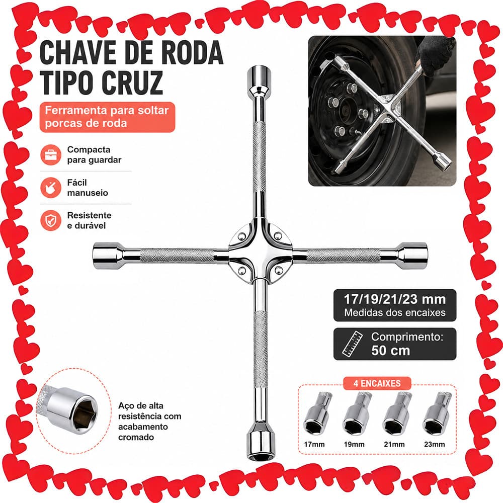 Chave de Roda 4 Bocas em Formato Cruz, 50 cm, Encaixes 17/19/21/23 mm e Construção Reforçada contra Ferrugem